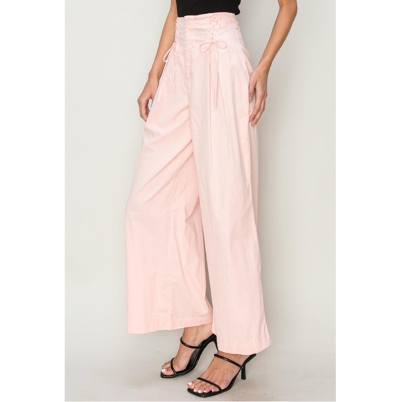 253 • Peach 100% Cotton Poplin Wide Leg Lace Up Summer Weight Pants - Picture 2 of 8